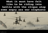 What it must have felt like to be riding into battle with the clique atop some angry ass war elephants imgflip.com