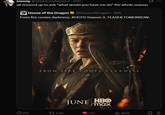 moony @obiwanmyfavnerd • 20h all dressed up to ask "what would you have me do" the whole season House of the Dragon @Houseof Dragon • 20h From fire comes darkness. #HOTD Season 3. TEASER TOMORROW. FROM FIRE COMES DARKNESS JUNE HBO max 207 t 2.3K 23K ill 891K