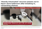 'Heavily intoxicated' raccoon passes out in liquor store bathroom after breaking in, ransacking shelves Source: Hanover County Animal Protection and Shelter DEVELOPING NOW MASKED BANDIT BREAKS INTO ABC STORE, GETS DRUNK ASHLAND After several hours of rest, the raccoon did not show signs of injury and was released back into the wild. (Source: WWBT)