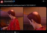 A viral post by DiscussingFilm. It reads, "First look at Woody’s balding a-- head in ‘TOY STORY 5.’"
