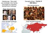 Habsburgs: "We shall use strategic inter family marriages to maintain familial land holdings" Their descendents: Genghis Khan: "F--- IT WE BALL" His descendents: Their familial holdings: Their familial holdings: