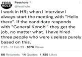 FESS Fesshole HOLE @fesshole I work in HR; when I interview I always start the meeting with "Hello there". If the candidate responds with "General Kenobi" they get the job, no matter what. I have hired three people who were useless purely based on this. 7:25 11 Feb 23. 167K Views 66 Retweets 14 Quotes 1,729 Likes