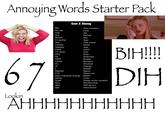 Annoying Words Starter Pack 67 Lookin Gen Z Slang Ohio moment Core Ate Vibe check Mood Simp Bet No cap Cap Sus Periodt Bussin' Flex It's giving Stan Slay Lowkey Highkey Yeet Dead GOAT I'm dead Drip POV FR FRFR OOMF Receipts ICL Ghosted W Cheugy Skibidi Ratioed FYP Main character energy Based Delulu Cook Gyatt Rizz NPC Mid Snatched Boujee Sigma Fanum tax Grippy socks vacation Situationship Soft launch Hard launch BIH!!!! DIH AHHHHHHHHH HH