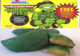 Hostess TEENAGE MUTANT NINJA TURIZES PIES- NET WT. FILLED WITH VANILLA PUDDIN' POWER! 5 OZ. Artificially Flavored 75 JL04 W FREE STICKER INSIDE! COLLECT ALL FIVE! 0174