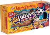 Lunchables EQY OPEN Oscar Mayer Lunchables FUN EAT NONEED HEAT! LUNCH COMBINATIONS Burgers ALL STAR Makes 2 GRILLED BURGERS American 著 Cons Ketchup Fun Pack Mustard Chocolate Flavored Sports Candy Lunchables Cola Calcium KEER BRIGERATED