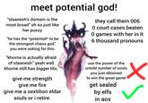 meet potential god! "slaanesh's domain is the most broad" oh so just like her p---- "he has the *potential* to be the strongest chaos god." you were asking for this. "khorne is actually afraid of slaanesh." yeah well khorne still has bigger t---. give me strength give me fire give me a sextilion eldar souls or i retire. they call them 006 0 court cases beaten 0 games with her in It 6 thousand pronouns use the power of the untold number of souls you just obtained to win the great game get sealed by elfs in aos ✓
