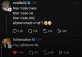 mrohio32 19h Men made plane. Men made car. Men made ship. Women made what?? 3.9K Q10K fathernathan 15h 299 > 542 ** + You, unfortunately 199K 760 2.9K 1.6K