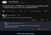 ? r/AskReddit u/JustinMarkG⚫ 55m Unmarried, childless and approaching 30 - what do you do on weekends? Vote Firespark7 • 34m 14 Share + Does 24 count as approaching 30? Reply ↑13 sageandbunyon 2m As long as you're under 30, you're always approaching 30. View all comments Vote