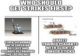 WHO SHOULD GET STRIKES FIRST? Peasant Levy ELVEN SPEARMAN WITH SUPERIOR REFLEXES AND DECADES OF TRAINING gin.COMD EXPERIENCE AND BARELY TRAINED PEASANTS WITH SLIGHTLY LONGER STICKS