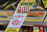 LD MUSHER slim fim ZE TM sim SONIC MONSTER SIZE SONIC CHILI CHEESE CONEY Questio call Mor Best CHILI CHEESE CONEY FLAVORED ARTIFICIALLY FLAVORED SMOKED SNACK STICK INGREDIE MECHA