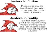 Jesters in fiction Please stop making fun of me, I only wish to be freed from this living nightmare Jesters in reality made with mematic I am fed, clothed, well paid, I can insult the King without consequences and I am in some cases among his most important. advisers