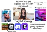 Dyed hair Youtuber who gets exposed as a predator Says edgy stuff "But it's starter pack just jokes" This type of room MINECRAFT Dogshit apology Quits the internet after getting exposed for "mental help" biggest culprit