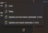 2010 10h Lock Mal 10h > Sleep 227 Hide th "Update and shut down (estimate: 2 min) Update and restart (estimate: 2 min)