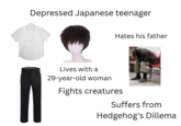 Depressed Japanese teenager Hates his father Lives with a 29-year-old woman Fights creatures Suffers from Hedgehog's Dillema