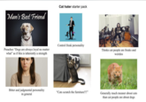 Man's Best Friend Cat hater starter pack Control freak personality Preaches "Dogs are always loyal no matter what" as if this is inherently a strength Thinks cat people are freaks and weirdos Bitter and judgmental personality in general "Cats scratch the furniture!!!" Generally much meaner about cats than cat people are about dogs