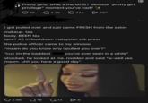 Pretty girls: what's the MOST obvious "pretty girl privilege" moment you've had? ++ 9K Q4.2K 424 > 397 i got pulled over and just came FRESH from the salon makeup. tea body. BEEN tea lace? 40 in bustdown malaysian silk press the police officer came to my window "maam do you know why i pulled you over?" "cuz im the baddest you've ever seen in a while" shocked. he looked at me. nodded and said "w-well yes maam. uhh you have a good day" 2.9K Q 18 13 > 6 Δ @