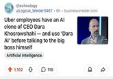 (5) r/technology u/Logical Welder3467 6h businessinsider.com . Uber employees have an Al clone of CEO Dara Khosrowshahi - and use 'Dara Al' before talking to the big boss himself Artificial Intelligence 1,162 > 110