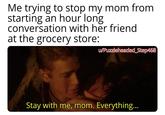 Me trying to stop my mom from starting an hour long conversation with her friend at the grocery store: u/Puzzleheaded Step468 Stay with me, mom. Everything...