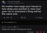 r/Showerthoughts u/Chekey-Kiggster ⚫ 6h No matter how large your house is, how deep your pocket is, how nice your car is, everyone's Greg will be the same size. 592 110 Share ■ TOP COMMENTS Chekey-Kiggster 6h Greg was meant to be grave, sorry Reply +371