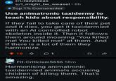 r/CrazyIdeas u/l_might_be_weasel • 8h Top 1% Commenter Use animatronic taxidermy to teach kids about responsibility. If they fail to take care of their pet and it dies, you get it taxidermied with an Al controlled robot skeleton inside it. Then it follows them around moaning "You killed me! You killed me!" at them. And if there is a lot of them they harmonize. 18 1 Fit-Criticism5656 58m Harmonising animatronic taxidermied animals accusing children of killing them. That's amazing. D