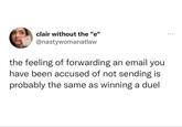clair without the "e" @nastywomanatlaw the feeling of forwarding an email you have been accused of not sending is probably the same as winning a duel ***