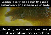 Godzilla is trapped in the piss dimension and needs your help Send your social security information to free him