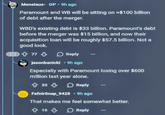 Menelaus- OP • 9h ago Paramount and WB will be sitting on $100 billion of debt after the merger. WBD's existing debt is $33 billion. Paramount's debt before the merger was $15 billion, and now their acquisition loan will be roughly $57.5 billion. Not a good look. Reply jasonbanicki 9h ago Especially with Paramount losing over $600 million last year alone. 33 Reply FafnirSnap_9428 • 9h ago That makes me feel somewhat better. 16 Reply