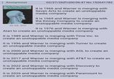 Anonymous 36 KB JPG 02/27/26(Fri)00:06:47 No.152641782 It is 1966 and Warner is merging with Seven Arts to create an unstoppable media company It is 1969 and Warner is merging with the Kinney Company to create an unstoppable media company It is 1976 and Warner is merging with Atari to create an unstoppable media company It is 1989 and Warner is merging with Time Inc. to create an unstoppable media company It is 1996 and Warner is merging with Turner to create an unstoppable media company It is 2000 and Warner is merging with AOL to create an unstoppable media company It is 2017 and Warner is merging with AT&T to create an unstoppable media company It is 2022 and Warner is merging with Discovery to create an unstoppable media company It is 2026 and Warner is merging with Paramount to create an unstoppable media company