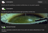 cutecipher Follow thank you for putting a random white boy on my post i guess cutecipher he will be going in the acid though goodbye white boy eternal-fractal OP NO. ADDING A WHITE BOY TO A VAT OF ACID CREATES A "THE JOKER.: