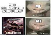 YOU PROMISE YOU WON'T CRY? ME I promise WARHAMMER 40,000 Add ME CODEX HARLEQUINS I won't cry.... Imgflip.com