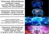 Games Workshop makes new minis days before they're revealed Games Workshop makes new minis months in advance Games Workshop designers makes new minis years in advance and GW puts them in storage Games Workshop designers makes new minis via a pact with Vashtorr imgflip.com