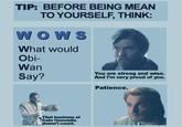 TIP: BEFORE BEING MEAN TO YOURSELF, THINK: WOWS What would Obi- Wan Say? You are strong and wise. And I'm very proud of you. Patience. That business at Cato Nemoidia doesn't count.