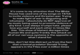 kesha @KeshaRose It's come to my attention that The White House has used one of my songs on TikTok to incite violence and threaten war. Trying to make light of war is disgusting and inhumane. I absolutely do NOT approve of my music being used to promote violence of any kind. Love always trumps hate. please love yourself and each other in times like this. This show of blatant disregard for human life and quite frankly this attack on all of our nervous systems is the opposite of what I stand for. Also, don't let this distract us from the fact that criminal predator Donald Trump appears in the Files over a million times 3:13 PM · Mar 2, 2026 - 3M Views