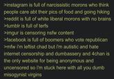 >instagram is full of narcissistic morons who think people care abt their pics of food and going hiking >reddit is full of white liberal morons with no brains >tumblr is full of terfs >imgur is censoring nsfw content >facebook is full of boomers who vote republican >mfw i'm leftist chad but i'm autistic and hate internet censorship and dumbassery and 4chan is the only website for being anonymous and uncensored so i'm stuck here with all you dumb misogynist virgins