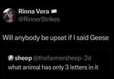 Rinna Vera @RinnerStrikes Will anybody be upset if I said Geese sheep @thefarmersheep.2d what animal has only 3 letters in it