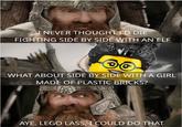 I NEVER THOUGHT I'D DIE FIGHTING SIDE BY SIDE WITH AN ELF මඝ WHAT ABOUT SIDE BY SIDE WITH A GIRL MADE OF PLASTIC BRICKS? Exell AYE, LEGO LASS, I COULD DO THAT
