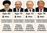 Age: 85 Age: 75 Age: 72 Age: 78 Male • Male Male Male Authoritarian Authoritaria Authoritaria Authoritarian conservative conservative conservative conservative Claims backing Claims backing from God Claims backing from God from God of Abraham of Abraham of Abraham Claims backing from God of Abraham