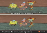 I don't think we can stop the dragon with our bare hands. Yeah, we need some gloves. Publicado en r/spongebob reddit