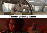 Oh no, I'm not brave enough for politics. Three drinks later My allegiance is to the republic, to DEMOCRACY!!