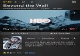 S7.E6< All Beyond the Wall Episode aired Aug 20, 2017 TV-MA 1h 10m HBO Play trailer with sound 1:01 + 3 VIDEOS 104 7 82 PHOTOS Action Adventure Drama > Jon and his team go beyond the wall to capture a wight. Daenerys has to make a tough decision. 9.0/10 85K Rate 880