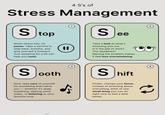 4 S's of Stress Management Stop See When stress hits, hit pause. Take a second to step back, breathe, and give yourself a moment. Just stopping for a bit can help you reset. Take a look at what's stressing you out. Is it the pile of work? The deadlines? Naming the problem makes it feel less overwhelming. Sooth Now, take care of yourself. Do something that calms you whether it's deep breathing, sipping some water, or listening to your favorite tune. Shift Finally, change your focus. Instead of stressing about everything, think of one small thing you can do right now to feel a little better.