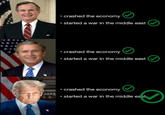 * ⚫crashed the economy started a war in the middle east ⚫ crashed the economy • started a war in the middle east ⚫crashed the economy ⚫ started a war in the middle east