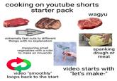 cooking on youtube shorts. starter pack 1 second later extremely fast cuts to different things with no explanation measuring small vegetables with a ruler to make an innuendo wagyu spanking dough or meat video "smoothly" loops back to the start video starts with "let's make-"