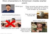 Kiwi characters in American media starter pack White guy Their accents are always either really poor attempts or they're just straight up Australian This isn't even a Just knockoff Australians human ffs Māori people don't exist This guys not even wearing the right uniform to be from New Zealand made with mematic More white guys