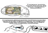Compass points north because big black magnetic mountain A compass always points north because the earth acts like a giant magnet. Its magnetic field pulls the compass needle so it aligns with the magnetic north pole. DAN