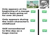 Only appears at the beginning of a manga that's been going on for over 30 years Only appears during the main character's childhood Still remembered to this day as a huge meme <