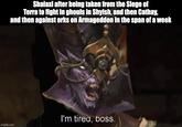 Shalaxi after being taken from the Siege of Terra to fight in ghouls in Shyish, and then Cathay, and then against orks on Armageddon in the span of a week imgflip.com I'm tirea, boss.