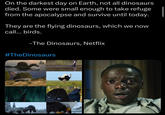 On the darkest day on Earth, not all dinosaurs died. Some were small enough to take refuge from the apocalypse and survive until today. They are the flying dinosaurs, which we now call... birds. -The Dinosaurs, Netflix #TheDinosaurs