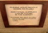 PLEASE HOLD HANDLE DOWN TO FLUSH ADDITIONAL SUPPLIES CAN BE FOUND IN THE CABINET PLEASE DO NOT FLUSH: - Personal Hygiene Products - Paper Towels - Cellos