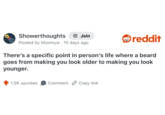 Showerthoughts + Join reddit Posted by Myomyw 15 days ago There's a specific point in person's life where a beard goes from making you look older to making you look younger. 1.5K upvotes Comment Copy link